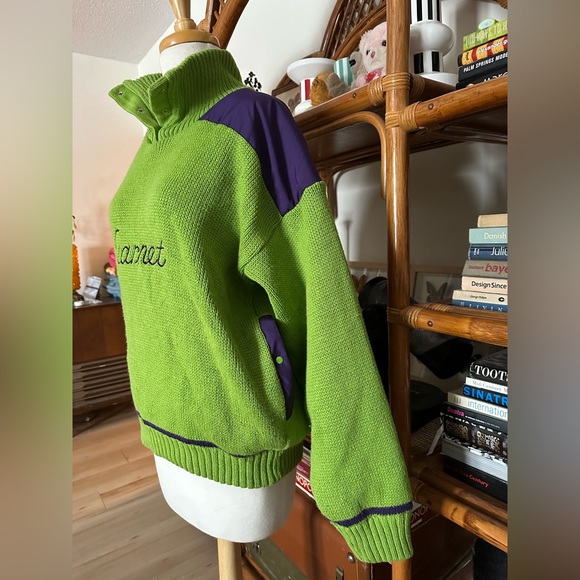 Vintage Women’s Large / Men’s Medium Vuarnet Knit Sweater Lime Green + Purple - Picture 3 of 6